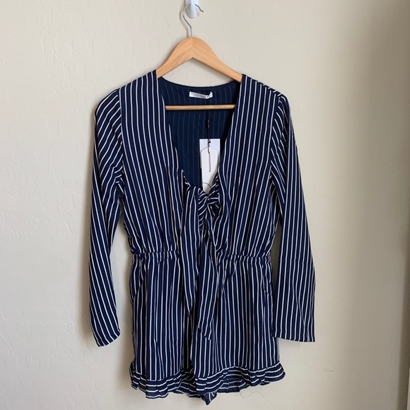 Navy Striped Romper w/ Deep Neckline and Bow - Picture 8 of 8